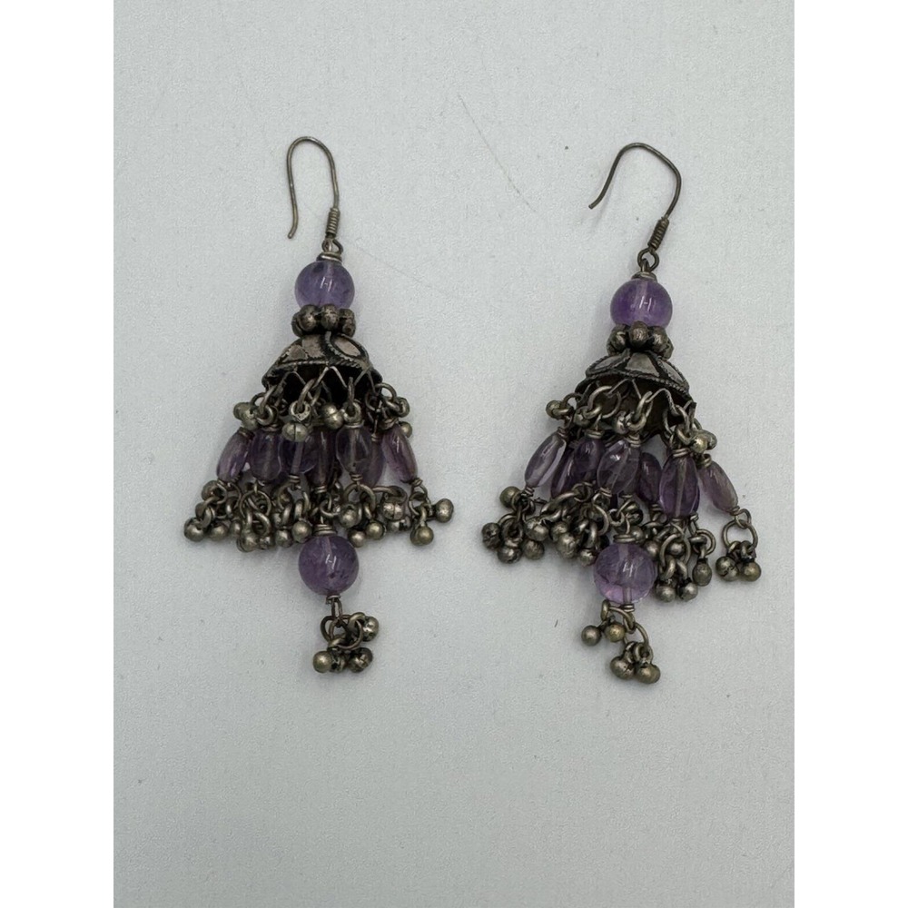 Silver Tone Purple Bead Chain Fringe Earrings Boho Dangle‎ 2.5"